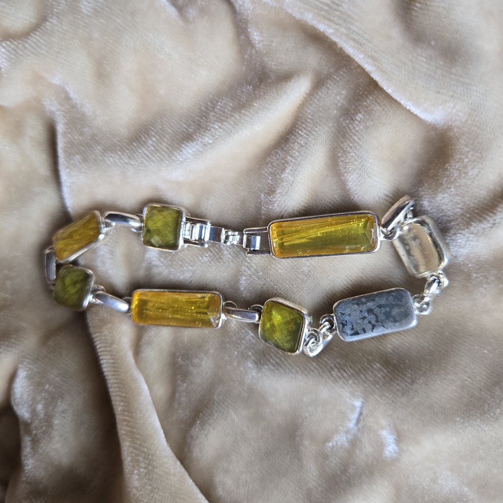 Vintage Silver Yellow & Green Stone Link Bracelet, 7" Length
